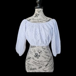 White Eyelet Boatneck Off Shoulder Balloon Sleeve Crop Top